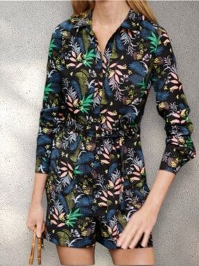 Boden | Cosima Black Tropical Floral Print Collared Romper | Women’s 6